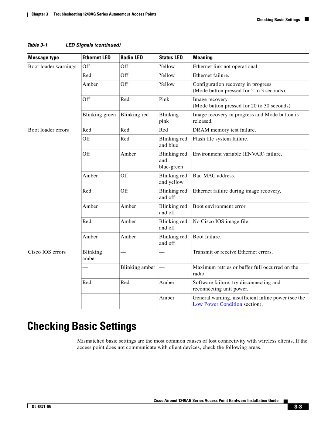 Cisco Systems 1240AG manual Checking Basic Settings 