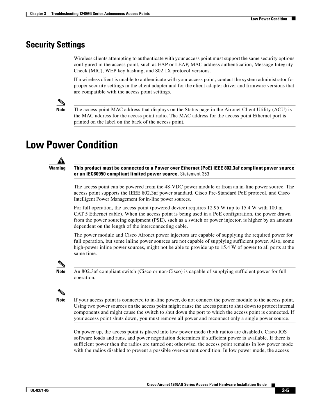 Cisco Systems 1240AG manual Low Power Condition, Security Settings 