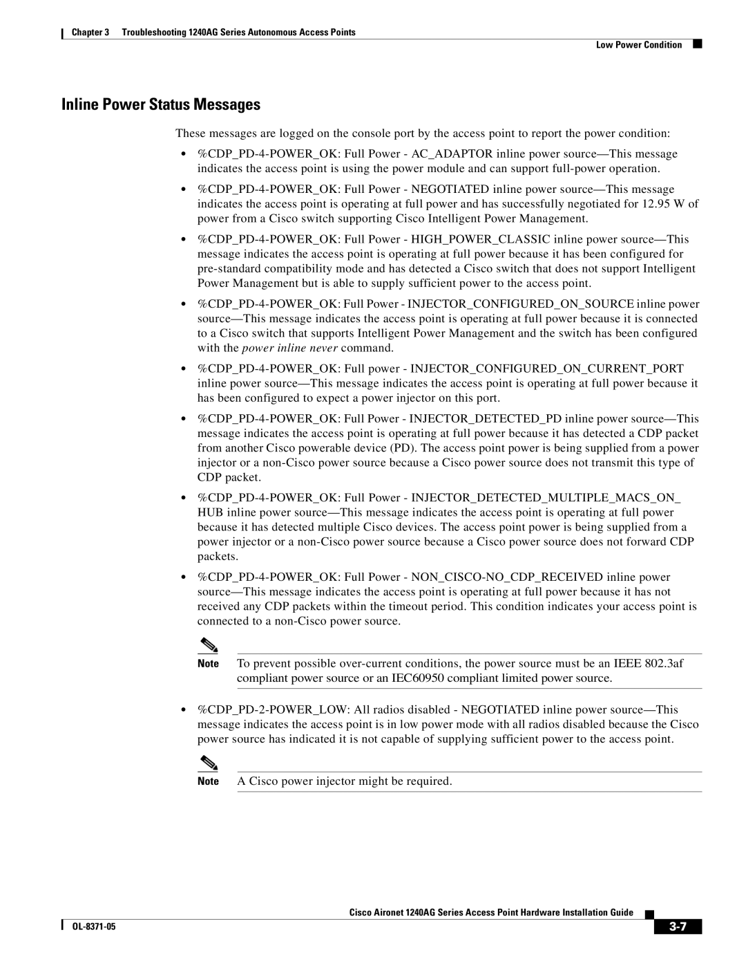 Cisco Systems 1240AG manual Inline Power Status Messages 