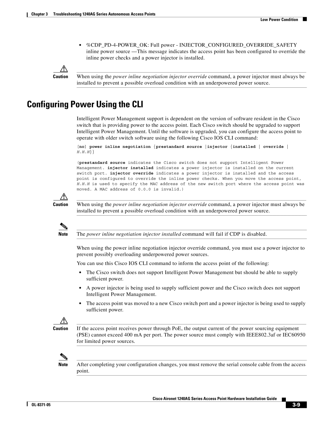 Cisco Systems 1240AG manual Configuring Power Using the CLI 