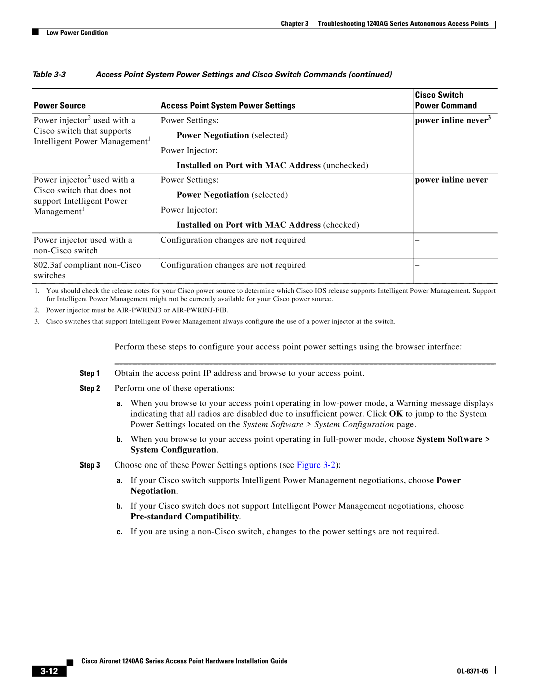 Cisco Systems 1240AG manual Power inline never3 