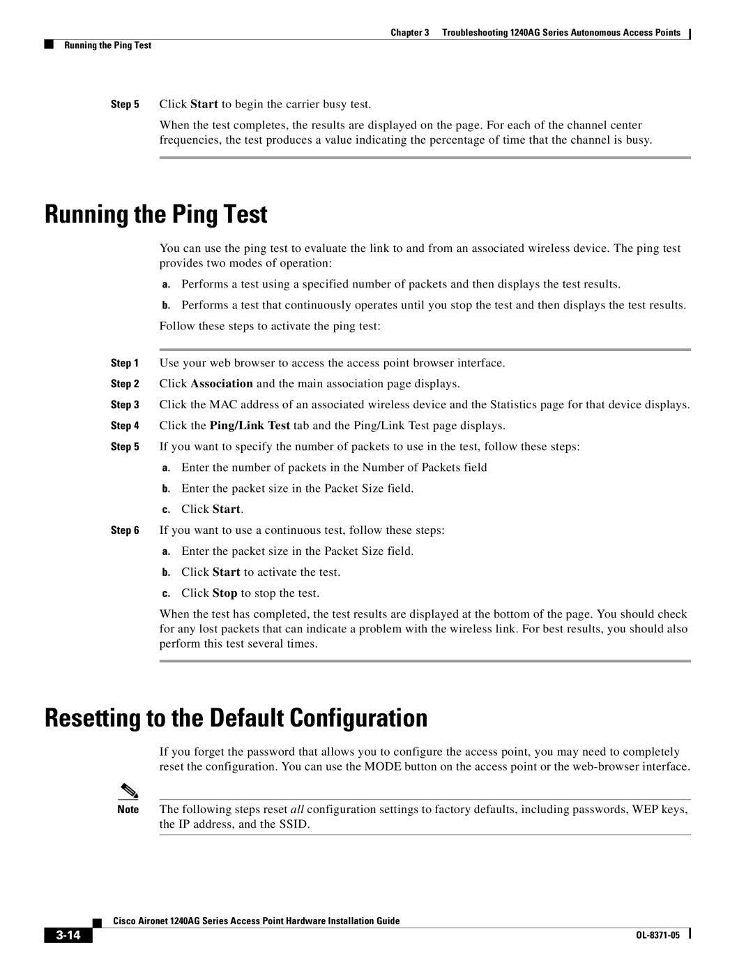 Cisco Systems 1240AG manual Running the Ping Test, Resetting to the Default Configuration 