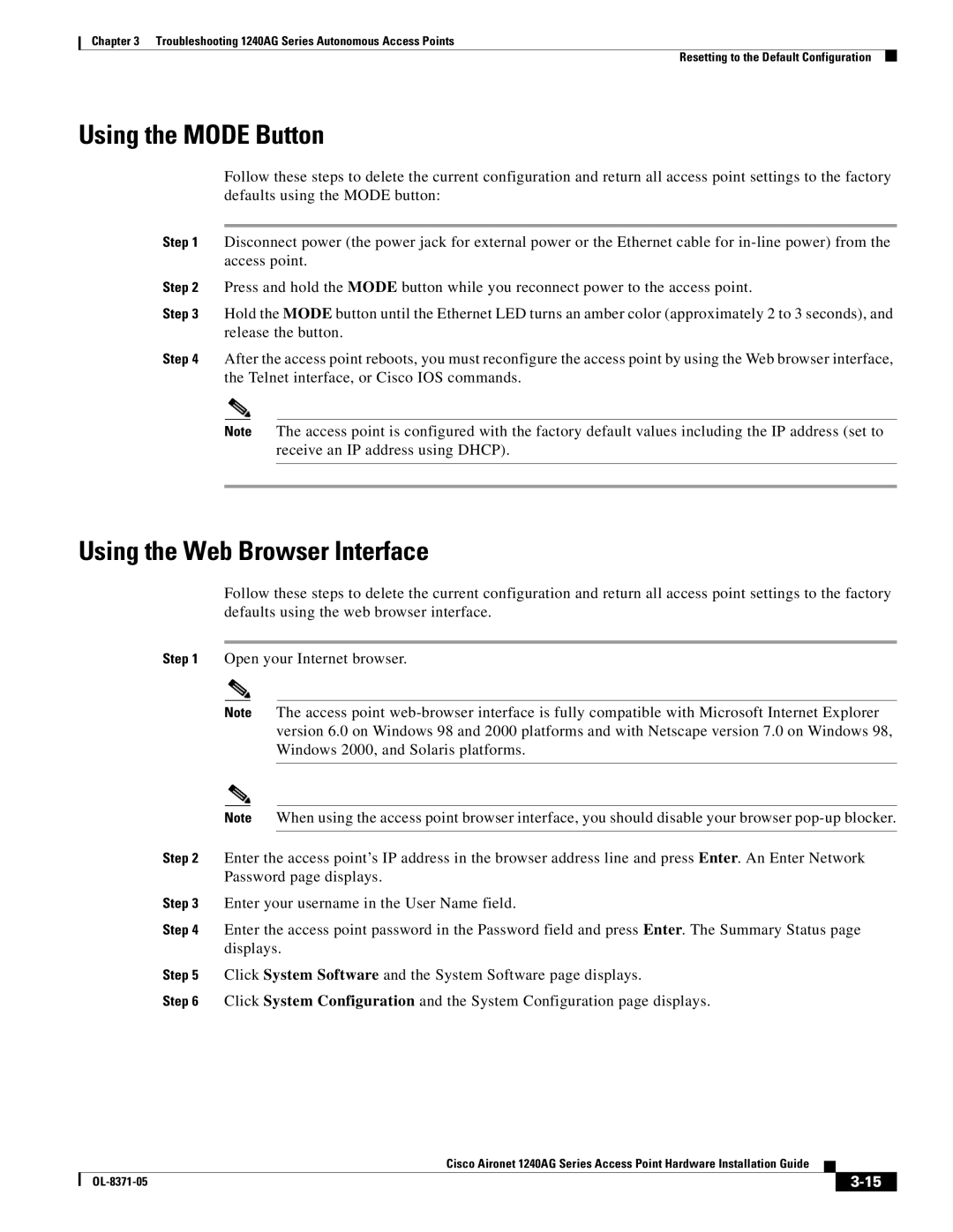 Cisco Systems 1240AG manual Using the Mode Button, Using the Web Browser Interface 