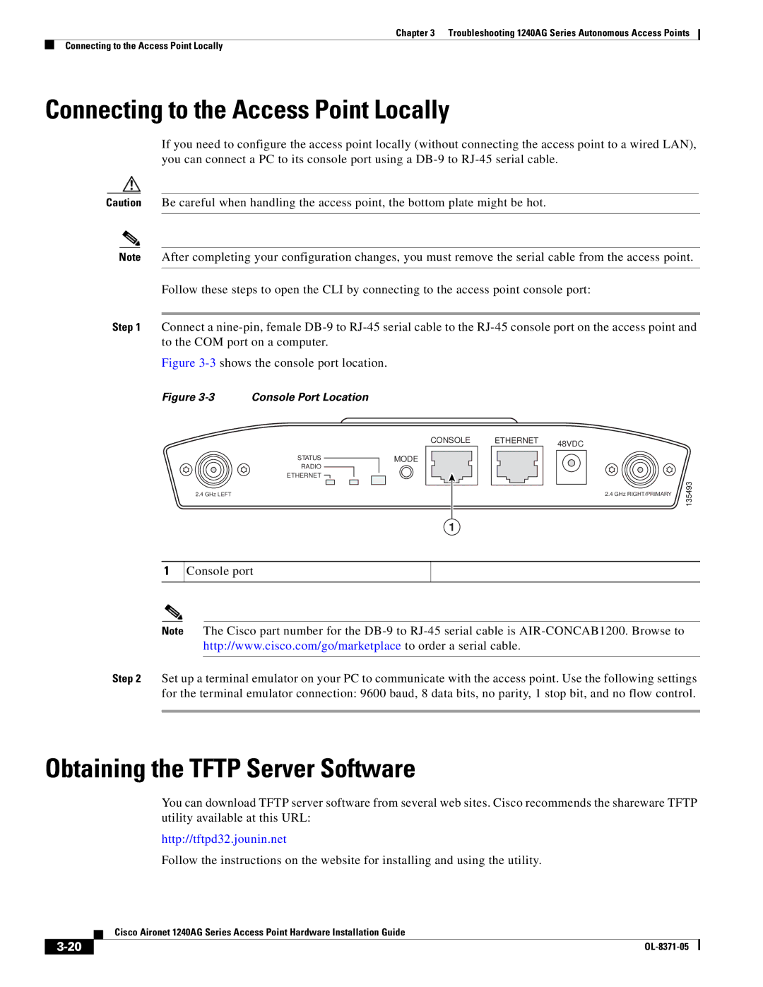 Cisco Systems 1240AG manual Connecting to the Access Point Locally, Obtaining the Tftp Server Software 