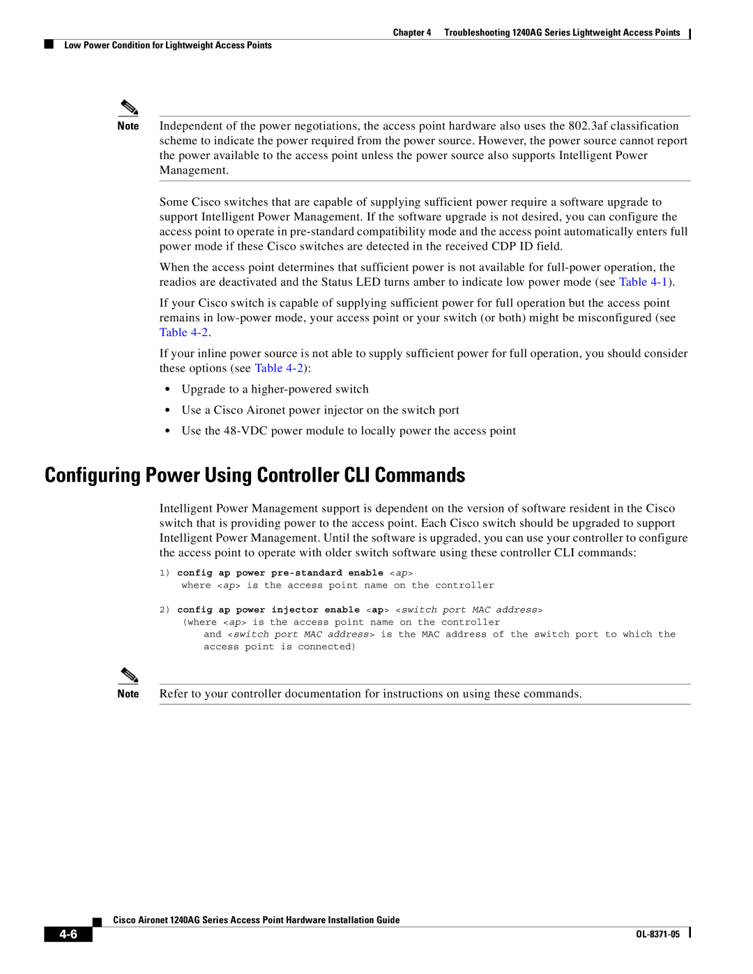 Cisco Systems 1240AG manual Configuring Power Using Controller CLI Commands, Config ap power pre-standard enable ap 