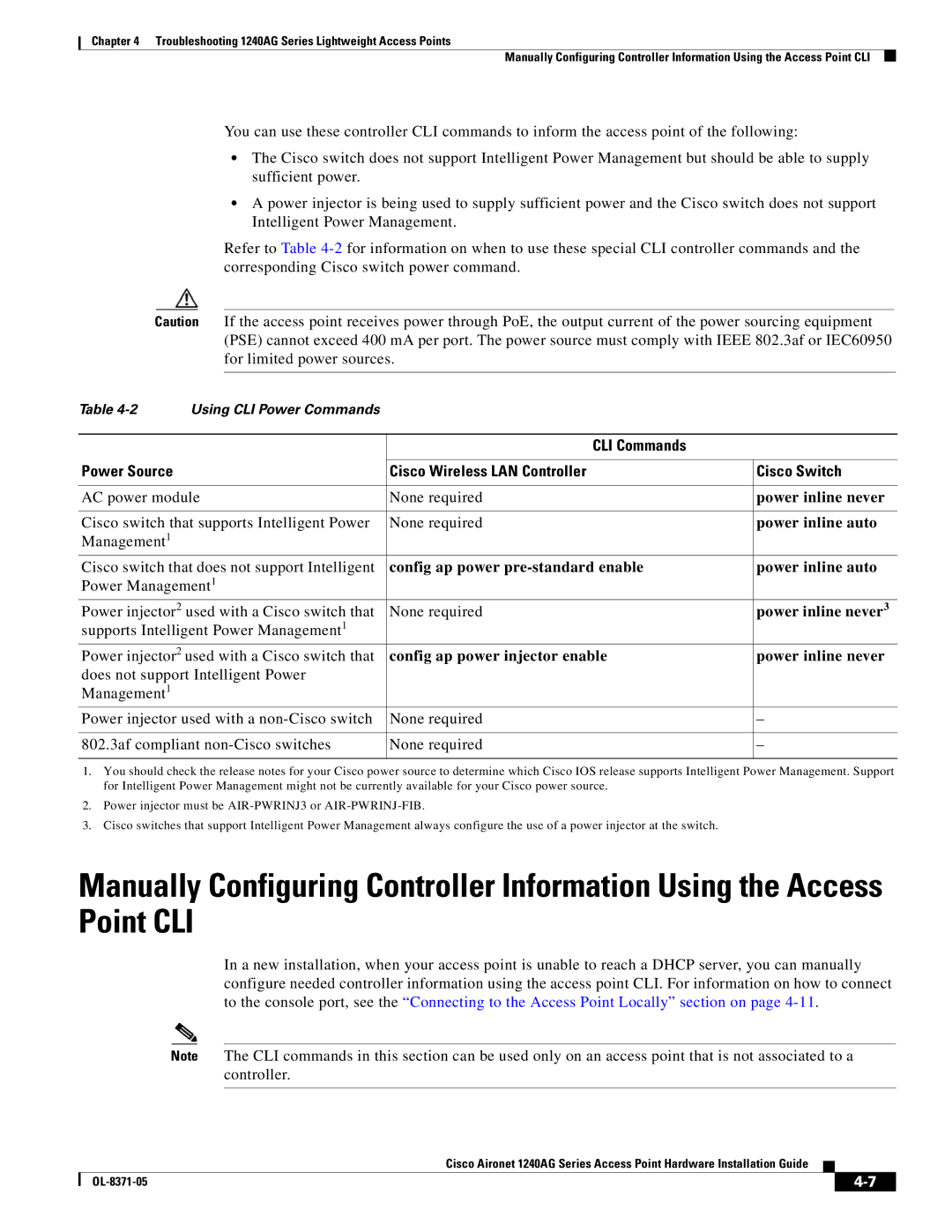 Cisco Systems 1240AG manual Config ap power pre-standard enable Power inline auto 