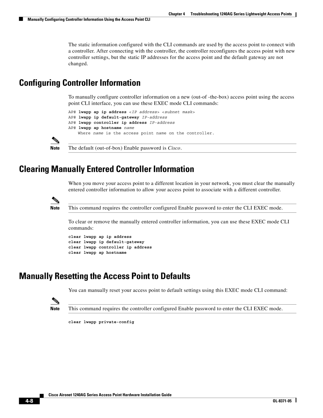 Cisco Systems 1240AG manual Configuring Controller Information, Clearing Manually Entered Controller Information 