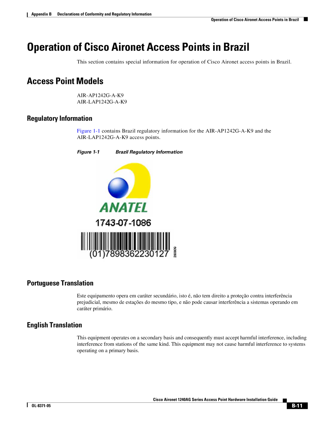 Cisco Systems 1240AG manual Operation of Cisco Aironet Access Points in Brazil, Access Point Models 