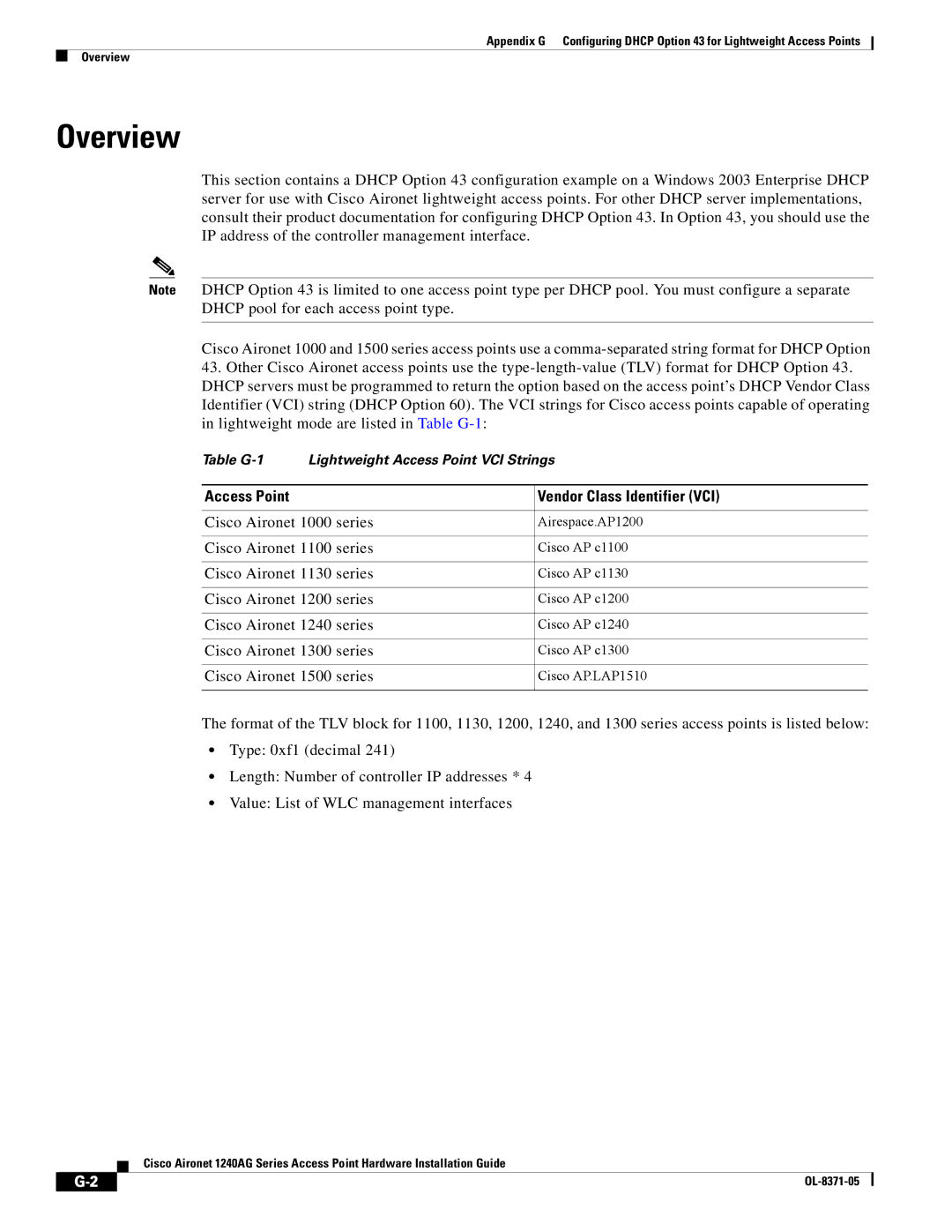 Cisco Systems 1240AG manual Access Point Vendor Class Identifier VCI 