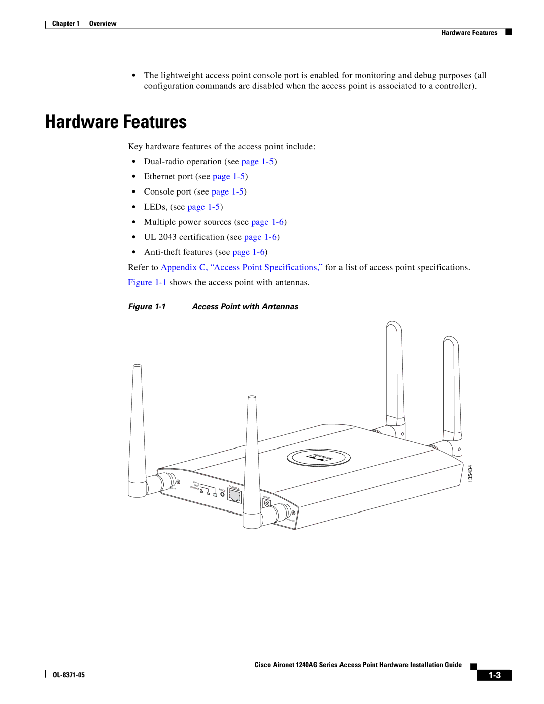 Cisco Systems 1240AG manual Hardware Features, Access Point with Antennas 