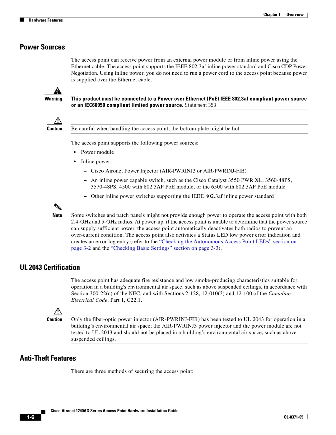 Cisco Systems 1240AG manual Power Sources 