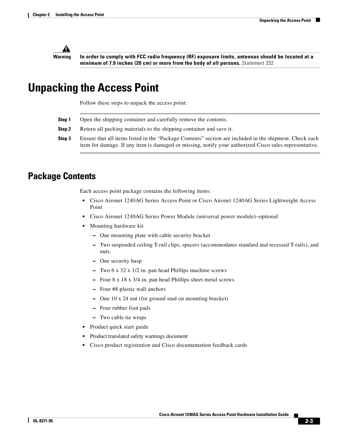 Cisco Systems 1240AG manual Unpacking the Access Point, Package Contents 