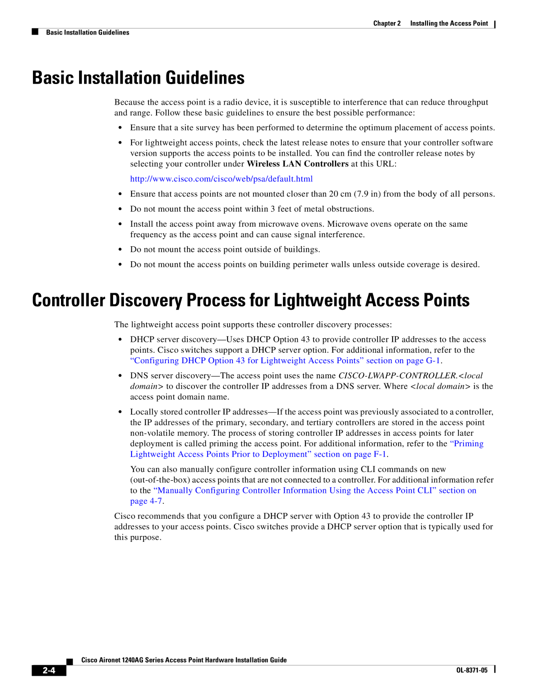 Cisco Systems 1240AG manual Basic Installation Guidelines, Controller Discovery Process for Lightweight Access Points 