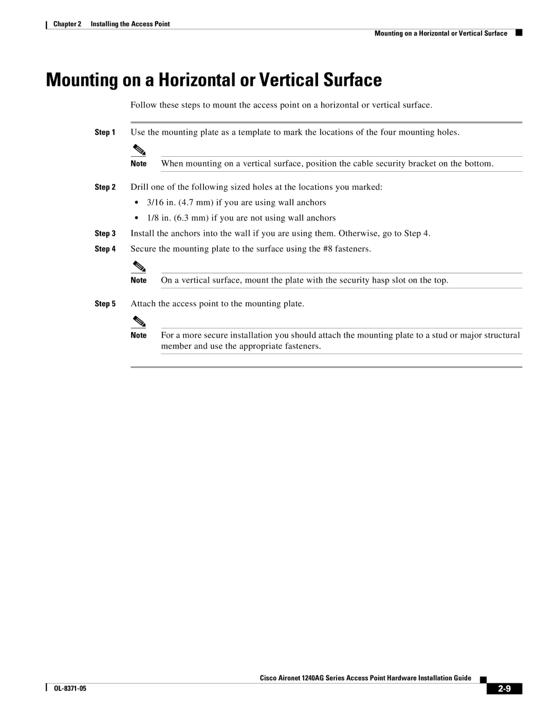 Cisco Systems 1240AG manual Mounting on a Horizontal or Vertical Surface 