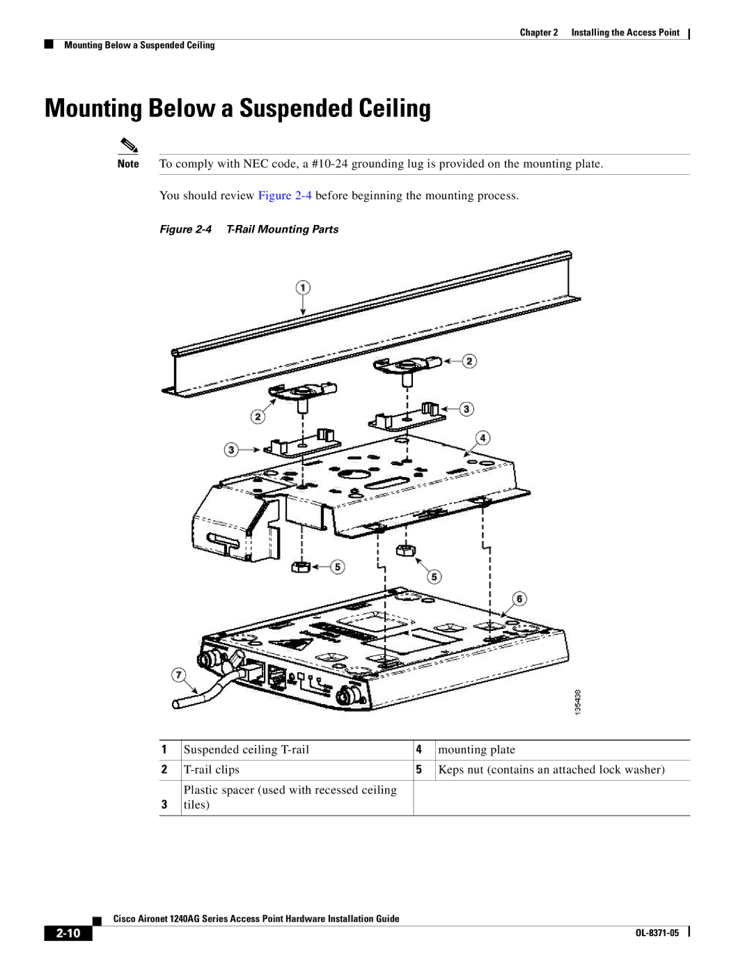 Cisco Systems 1240AG manual Mounting Below a Suspended Ceiling, T-Rail Mounting Parts 