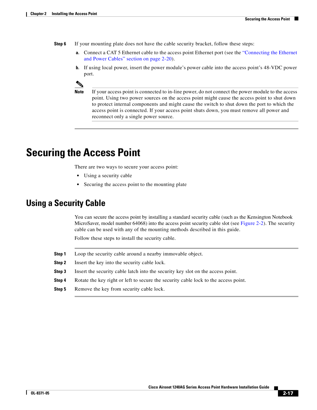 Cisco Systems 1240AG manual Securing the Access Point, Using a Security Cable 