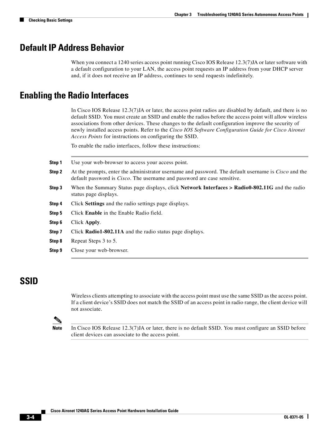 Cisco Systems 1240AG manual Default IP Address Behavior, Enabling the Radio Interfaces 