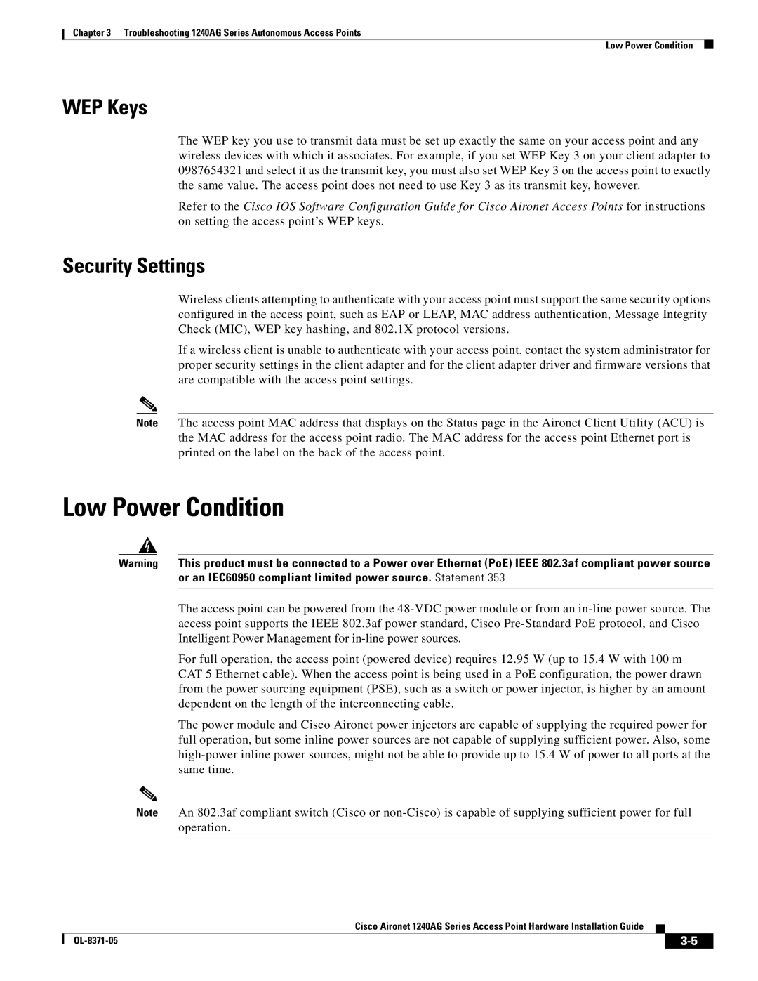 Cisco Systems 1240AG manual Low Power Condition, WEP Keys, Security Settings 