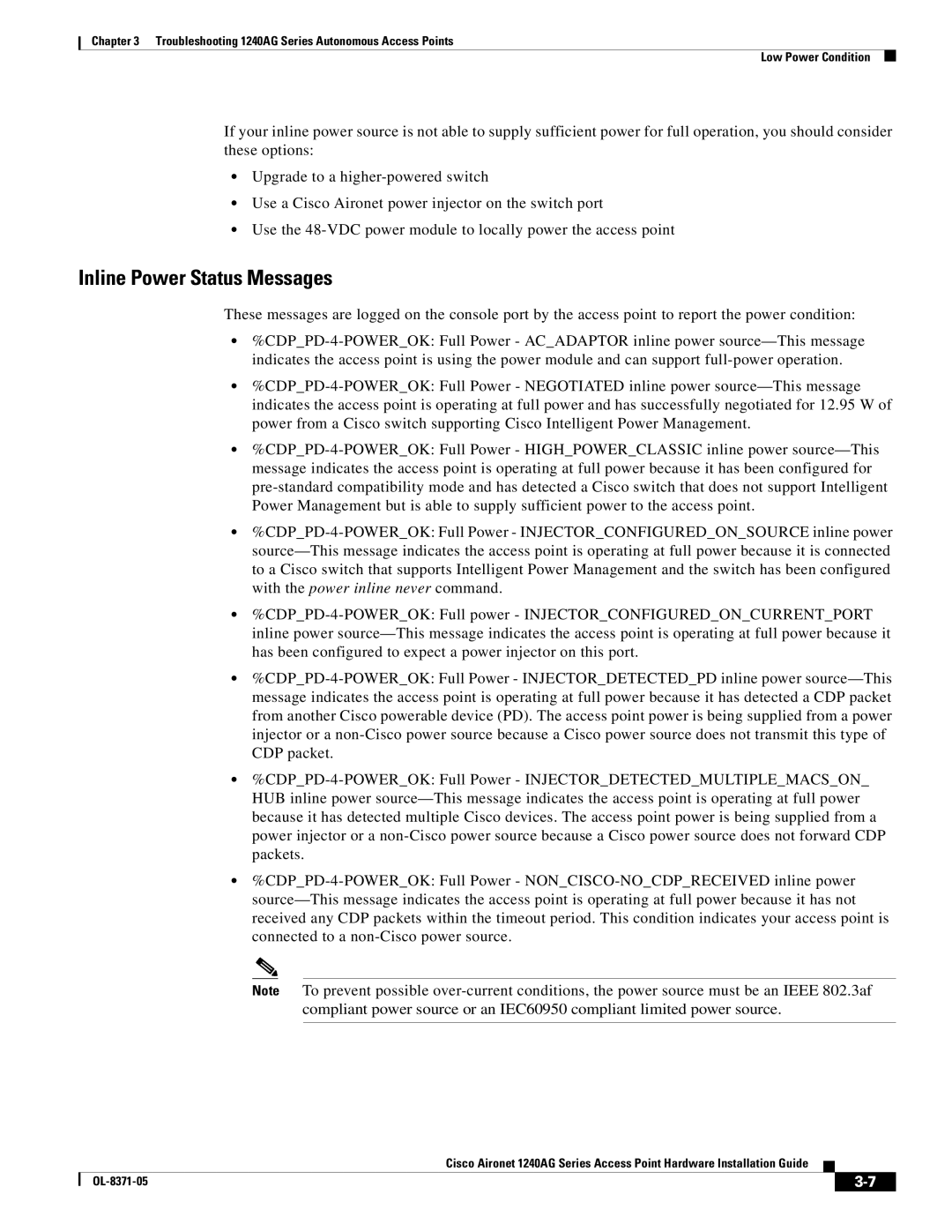 Cisco Systems 1240AG manual Inline Power Status Messages 