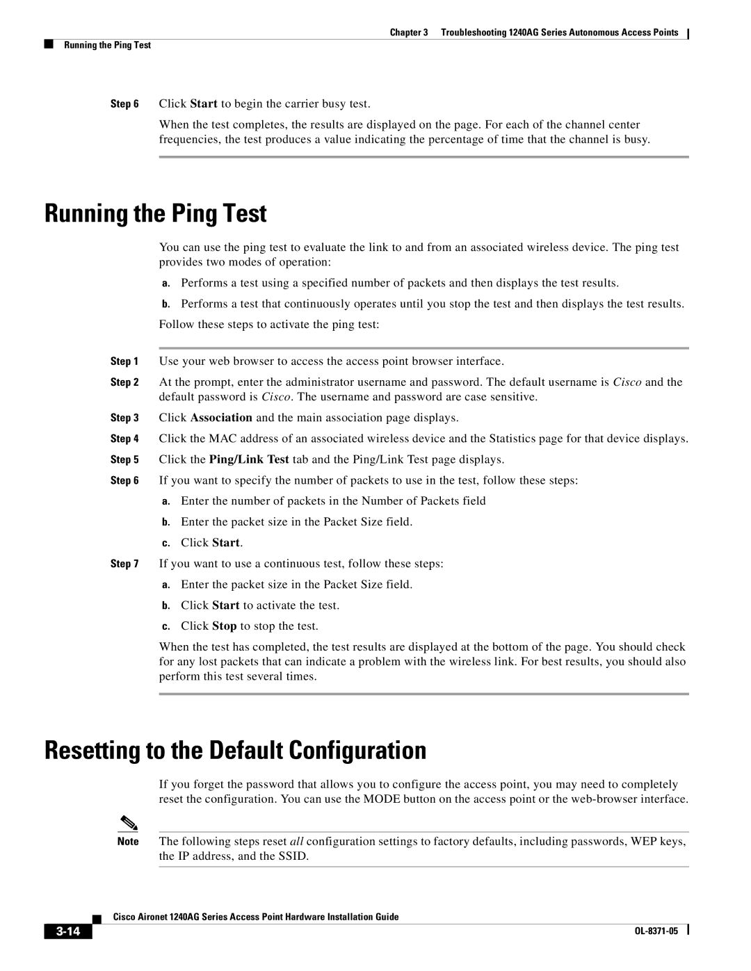 Cisco Systems 1240AG manual Running the Ping Test, Resetting to the Default Configuration 