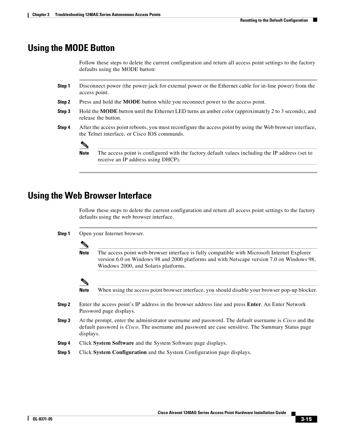 Cisco Systems 1240AG manual Using the Mode Button, Using the Web Browser Interface 