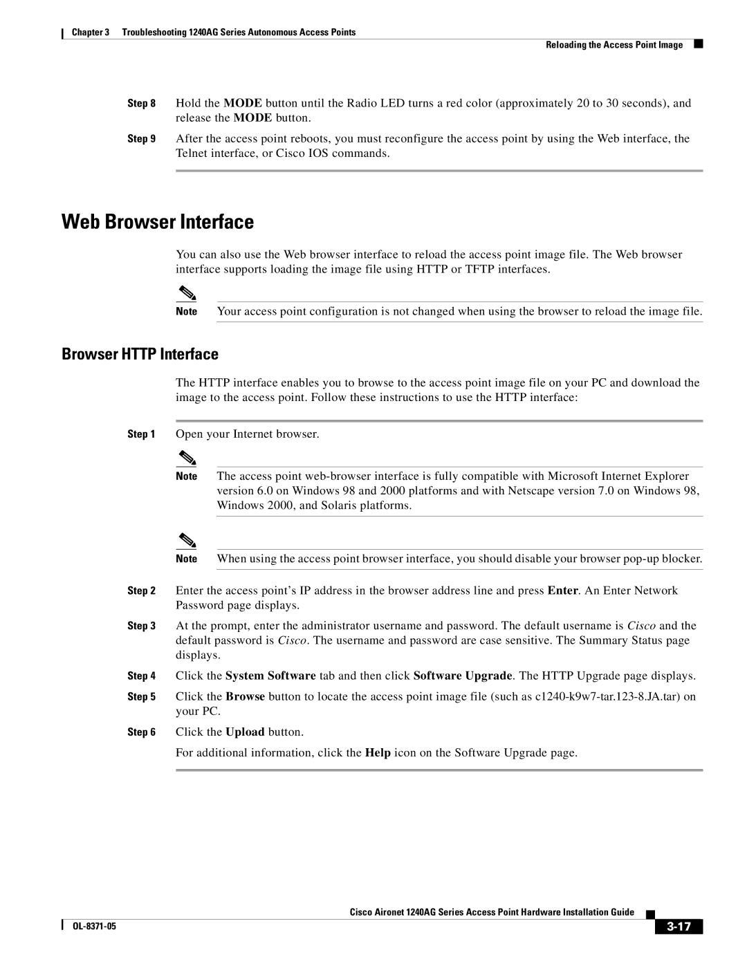 Cisco Systems 1240AG manual Web Browser Interface, Browser Http Interface 