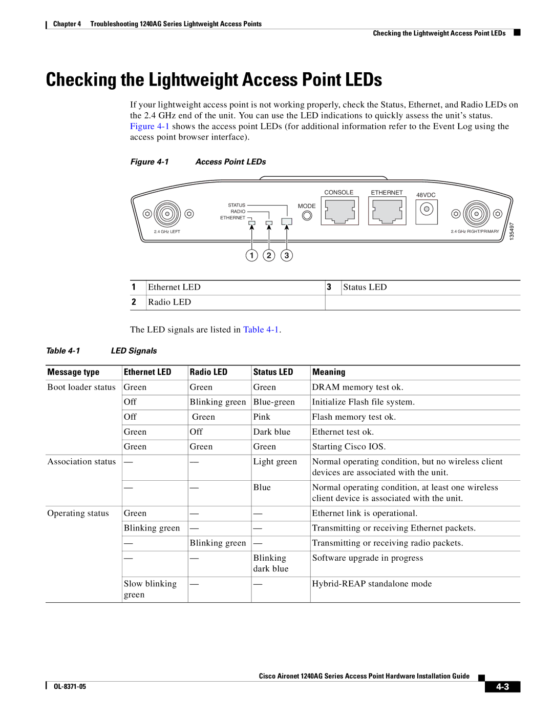 Cisco Systems 1240AG manual Checking the Lightweight Access Point LEDs 