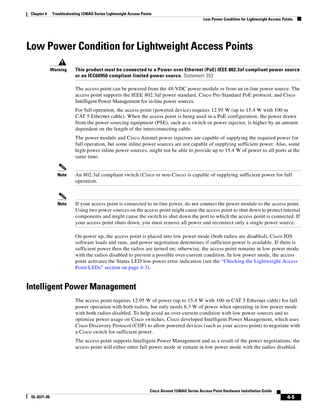 Cisco Systems 1240AG manual Low Power Condition for Lightweight Access Points, Intelligent Power Management 