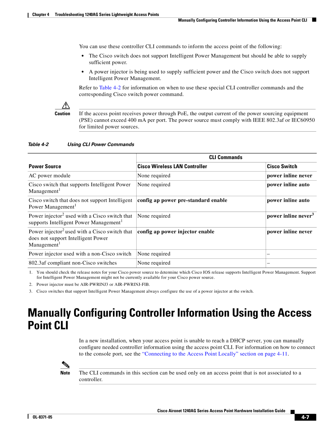 Cisco Systems 1240AG manual Config ap power pre-standard enable Power inline auto 