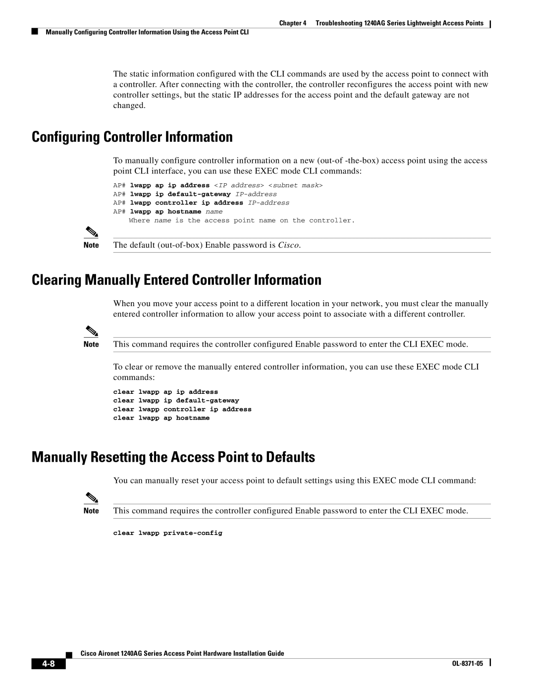 Cisco Systems 1240AG manual Configuring Controller Information, Clearing Manually Entered Controller Information 