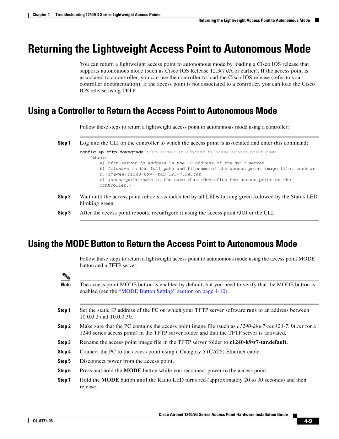 Cisco Systems 1240AG manual Returning the Lightweight Access Point to Autonomous Mode 