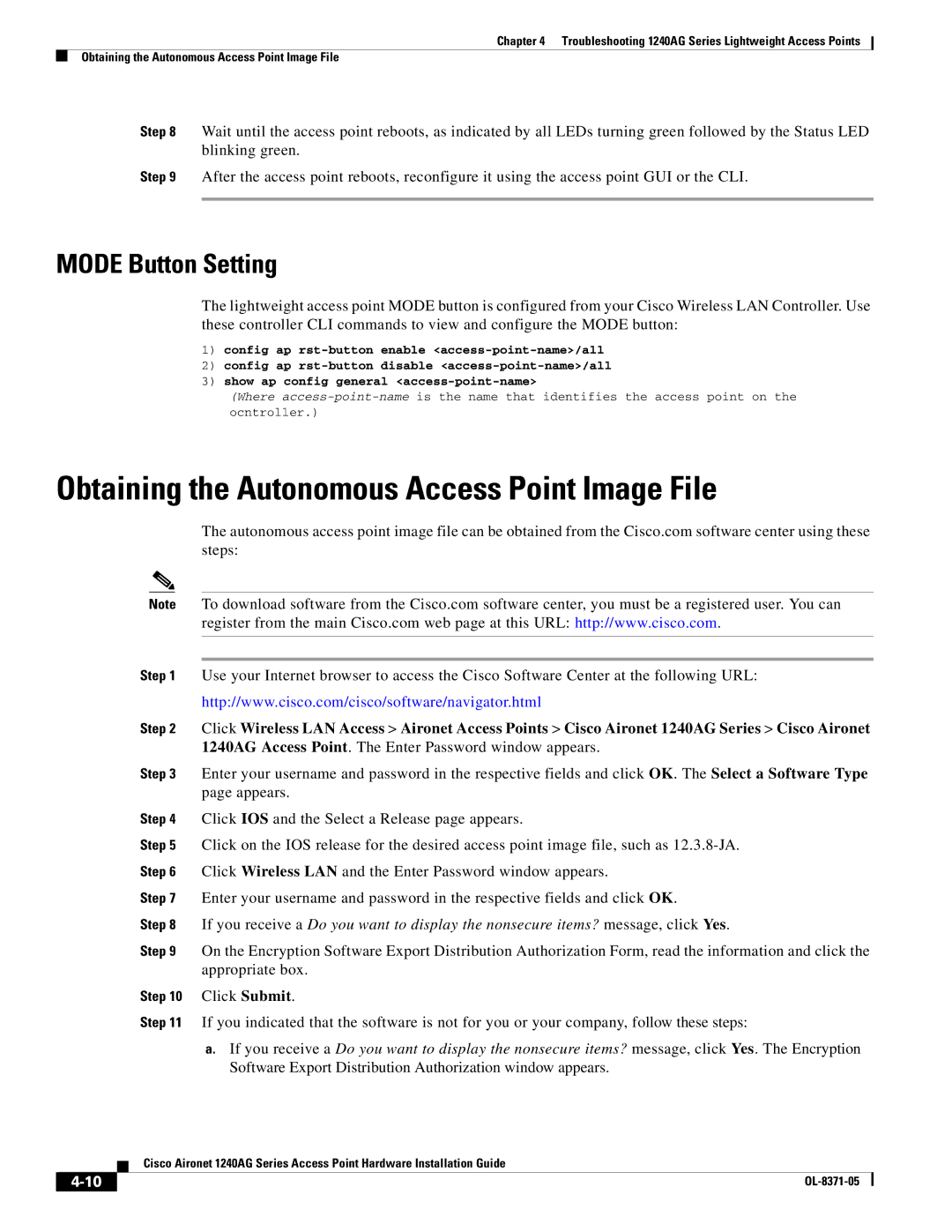 Cisco Systems 1240AG manual Obtaining the Autonomous Access Point Image File, Mode Button Setting 