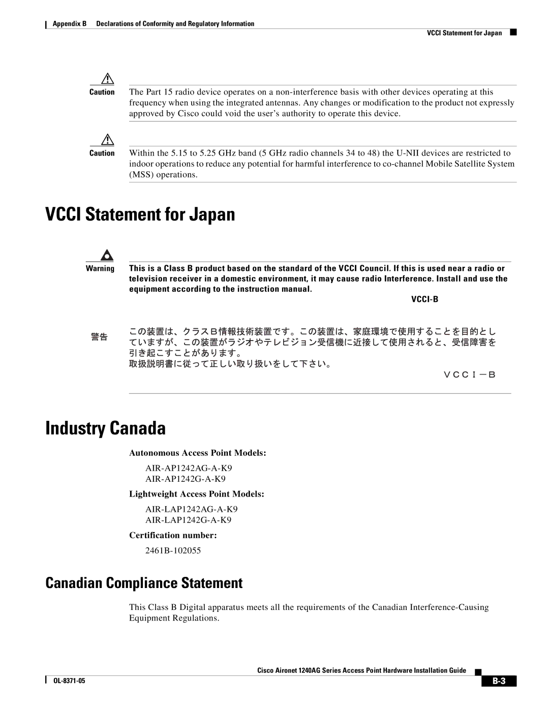 Cisco Systems 1240AG manual Vcci Statement for Japan, Industry Canada, Canadian Compliance Statement 