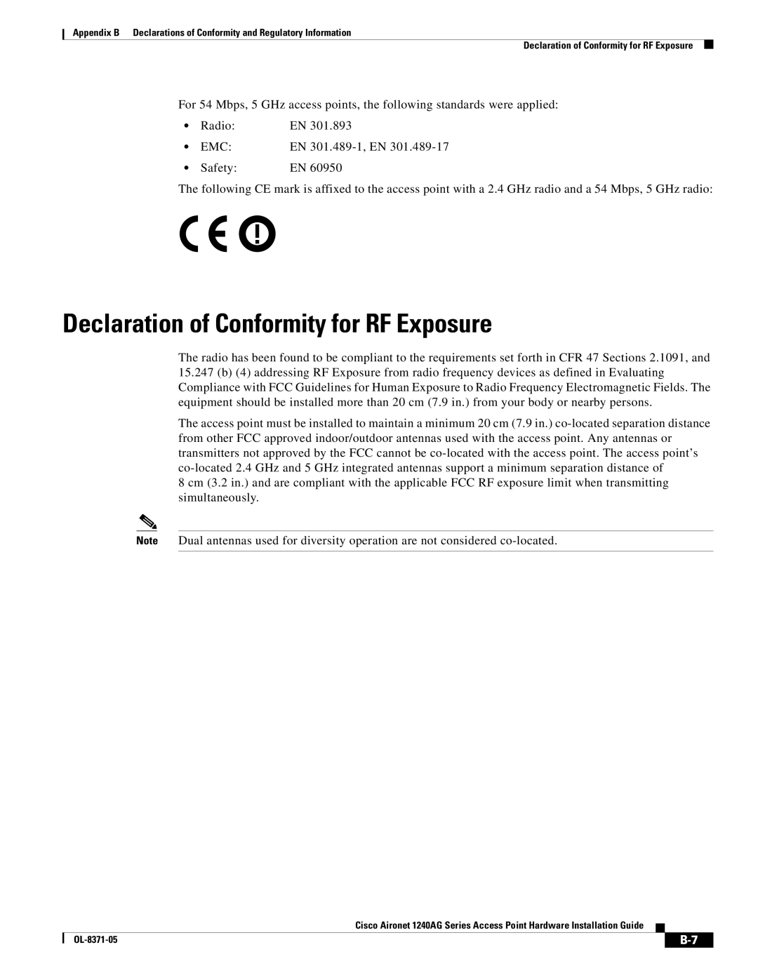 Cisco Systems 1240AG manual Declaration of Conformity for RF Exposure 