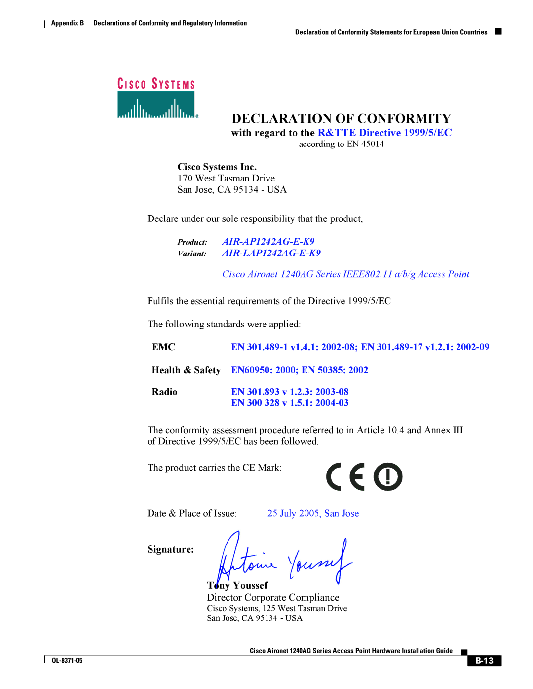 Cisco Systems 1240AG manual Declaration of Conformity 