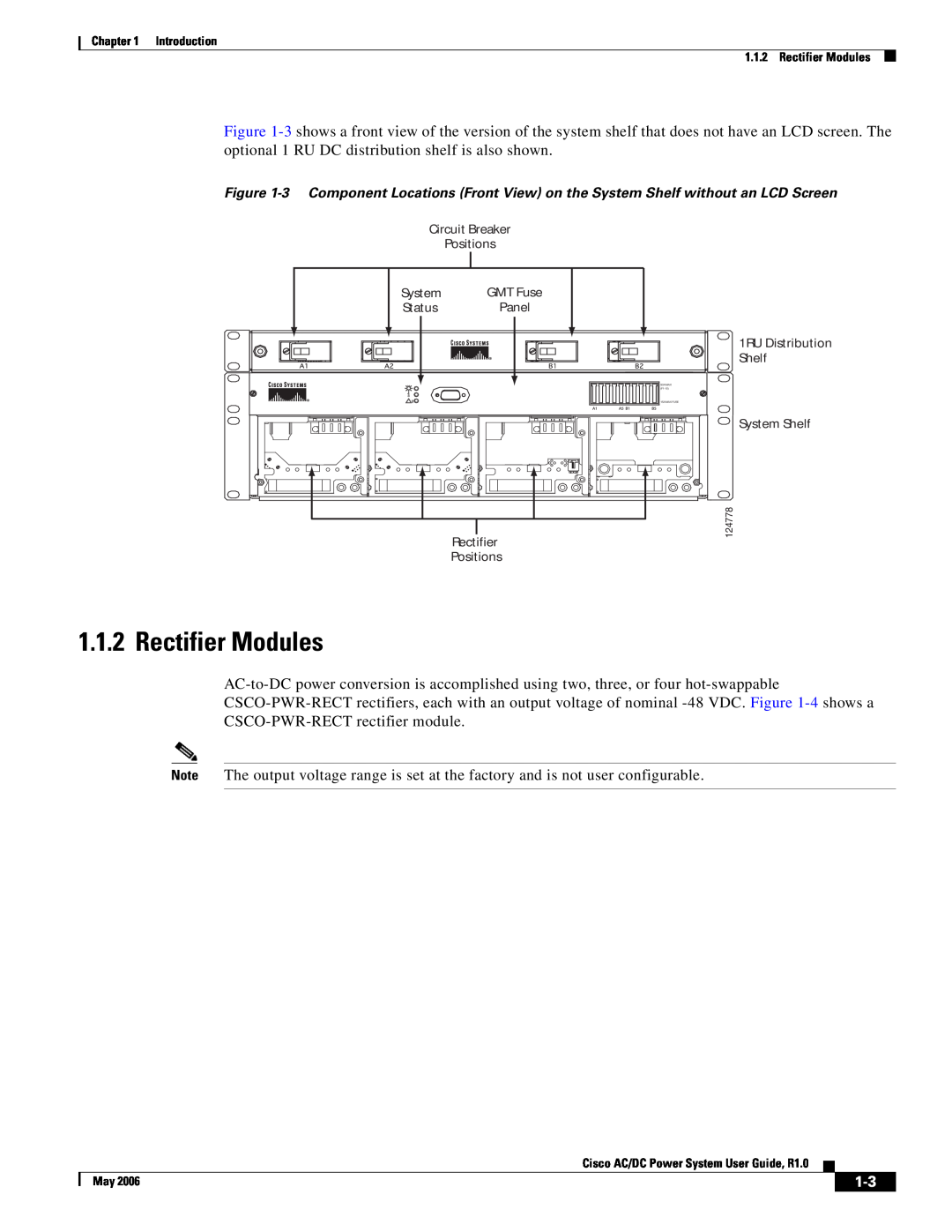 Cisco Systems 124778, 124792 Rectifier Modules, Circuit Breaker Positions, System, Status, Panel, 1RU Distribution Shelf 