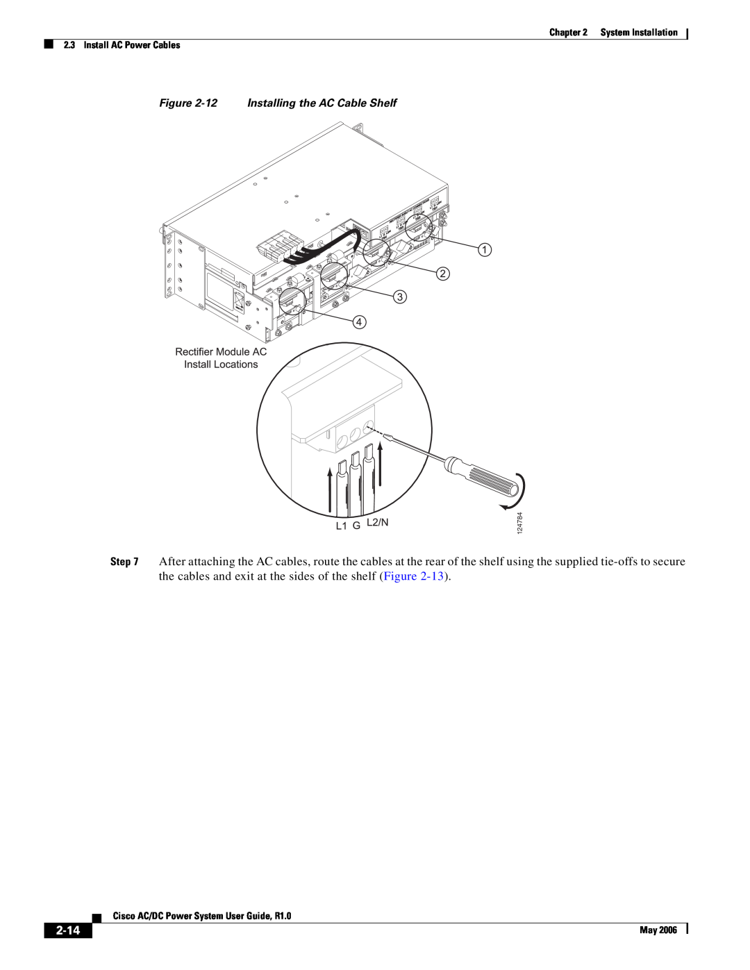 Cisco Systems 124792 manual 2-14, 12 Installing the AC Cable Shelf, System Installation 2.3 Install AC Power Cables, 124784 