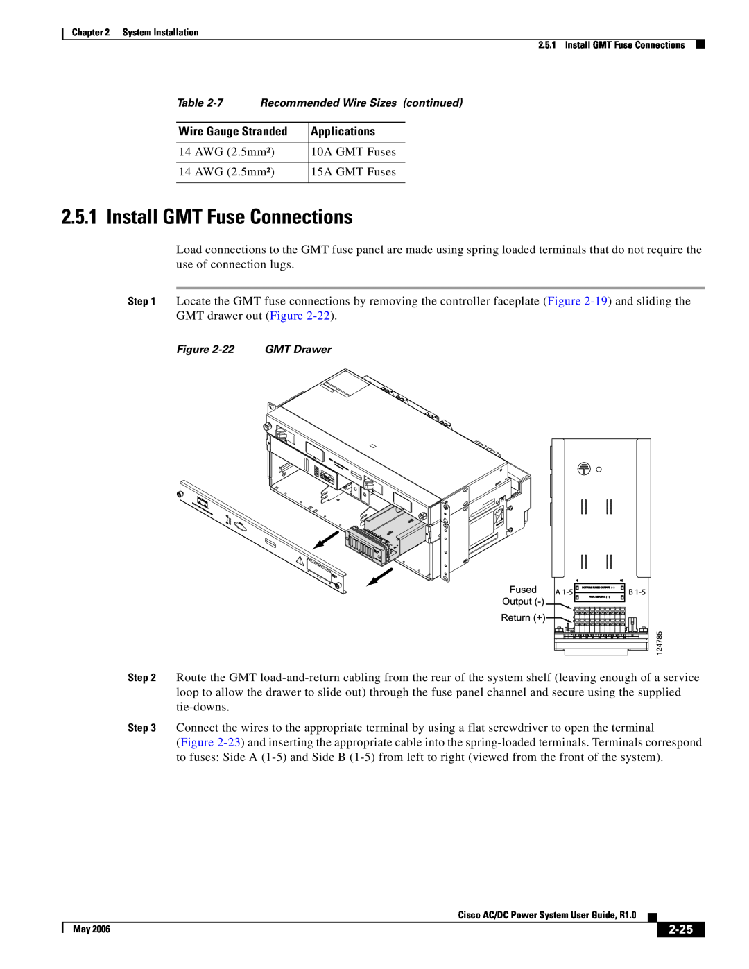 Cisco Systems 159330, 124792, 124778 manual Install GMT Fuse Connections, 2-25, 7 Recommended Wire Sizes continued 
