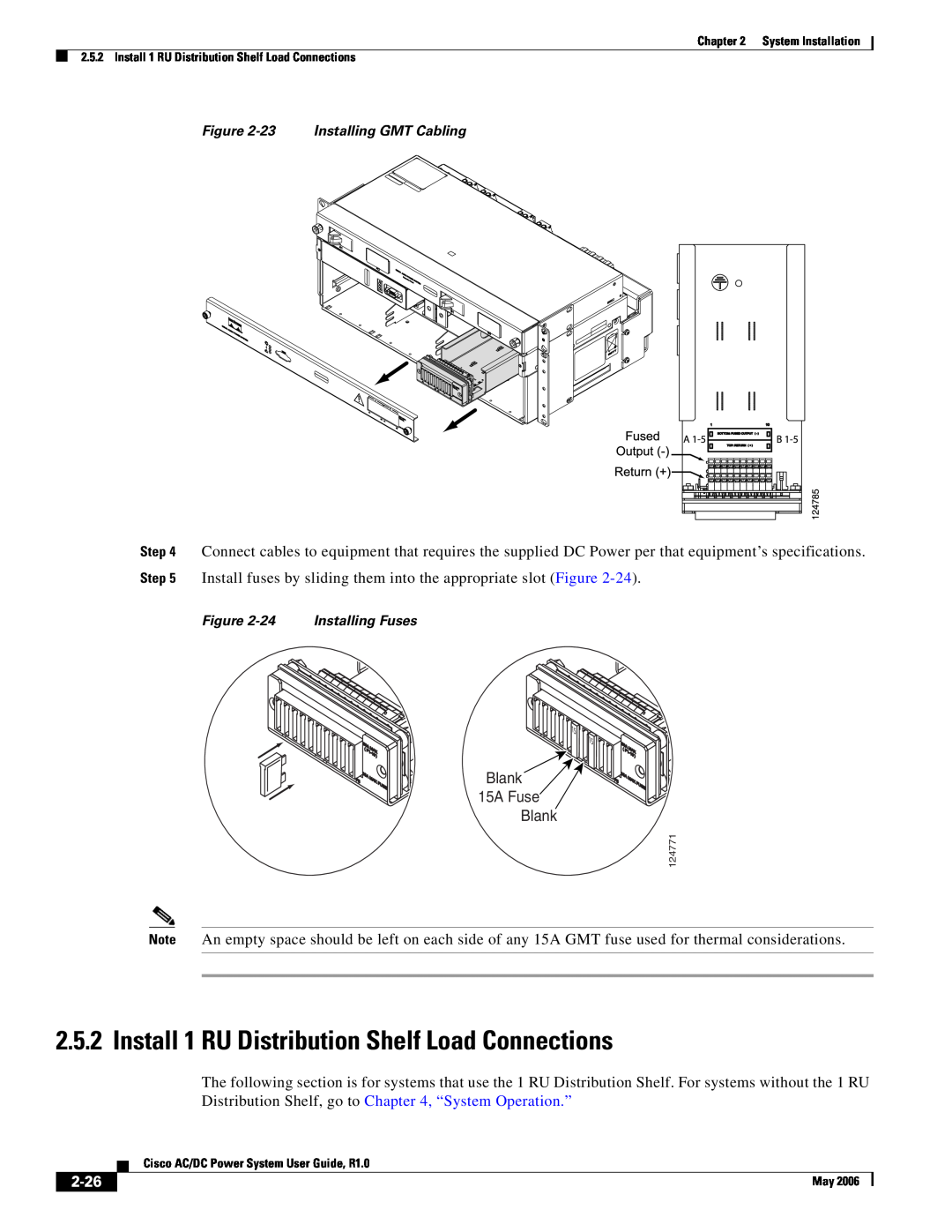 Cisco Systems 124792, 124778, 159330 manual Install 1 RU Distribution Shelf Load Connections, Blank 15A Fuse Blank, 2-26 