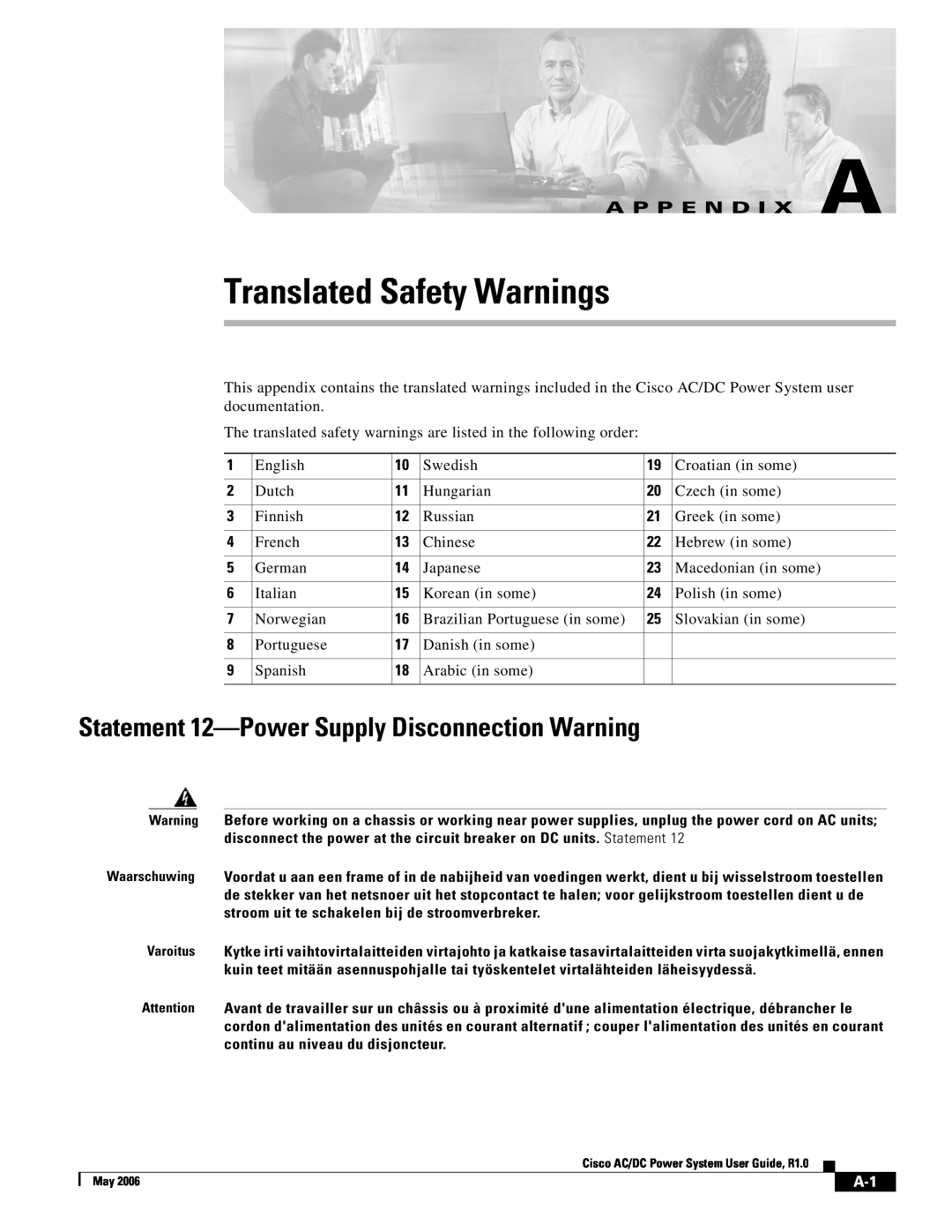 Cisco Systems 124778 manual Translated Safety Warnings, Statement 12-Power Supply Disconnection Warning, A P P E N D I X A 
