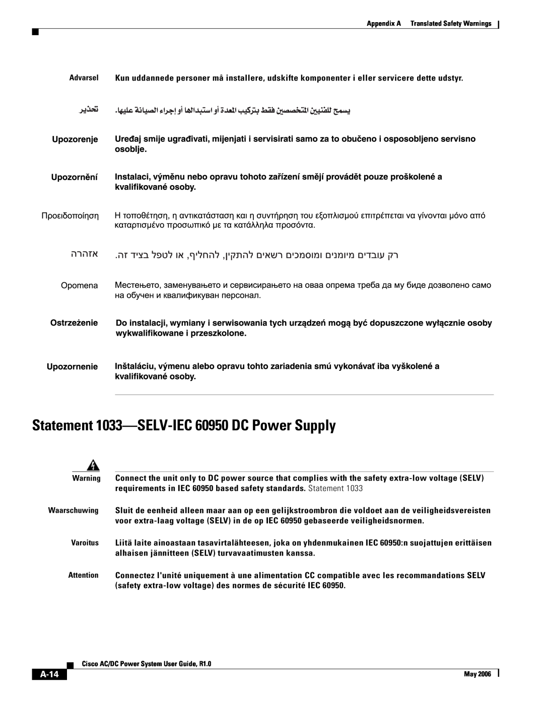 Cisco Systems 159330, 124792, 124778 manual Statement 1033-SELV-IEC 60950 DC Power Supply, A-14 
