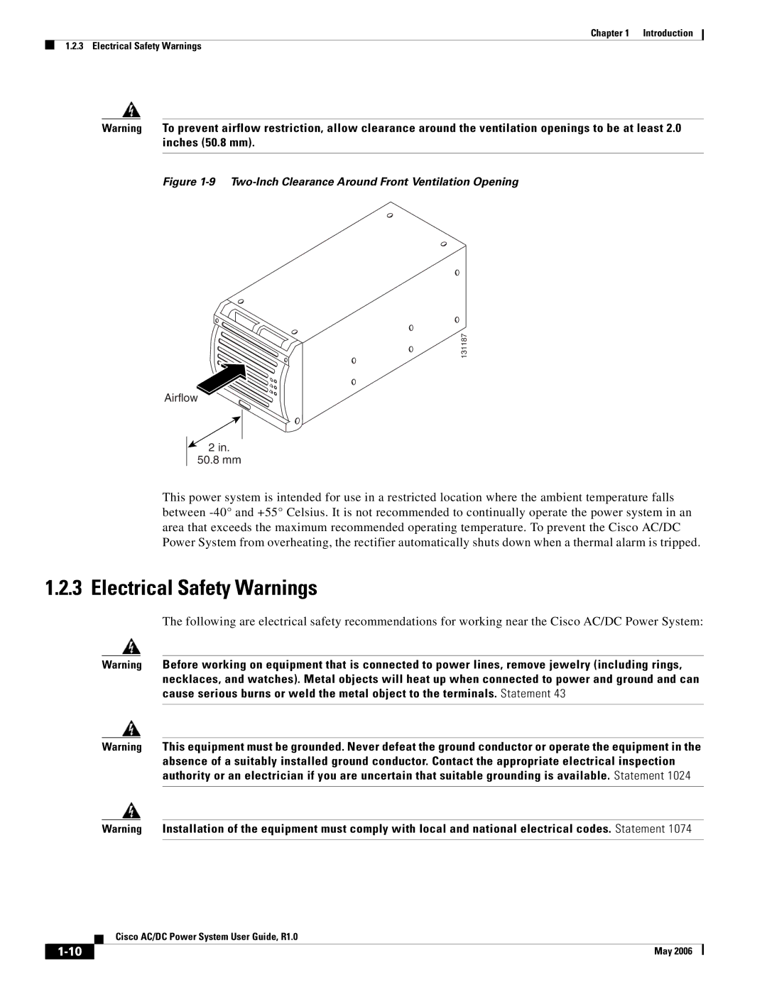 Cisco Systems 159330, 124792, 124778 manual Electrical Safety Warnings, Two-Inch Clearance Around Front Ventilation Opening 