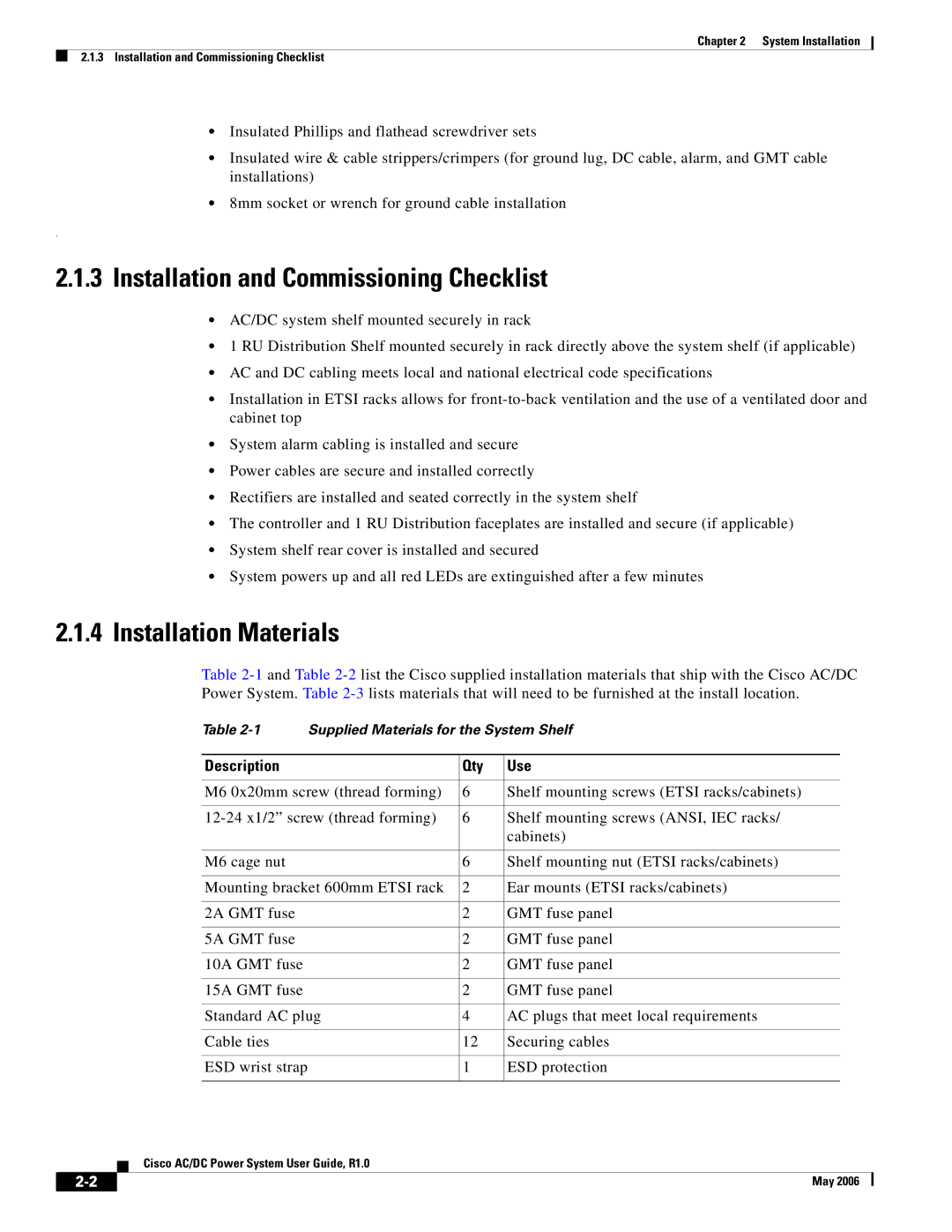 Cisco Systems 124792, 124778, 159330 Installation and Commissioning Checklist, Installation Materials, Description Qty Use 