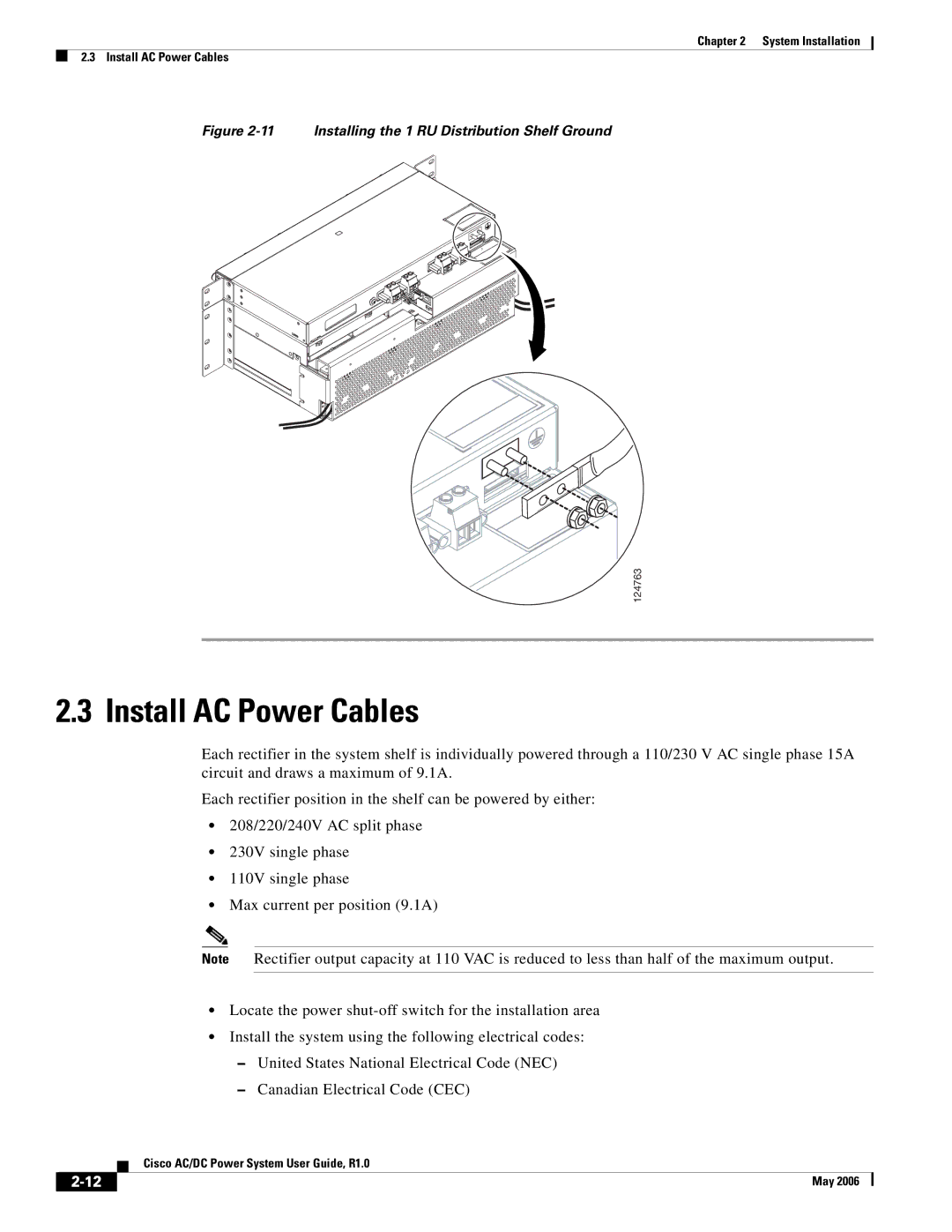 Cisco Systems 124778, 124792, 159330 manual Install AC Power Cables, Installing the 1 RU Distribution Shelf Ground 