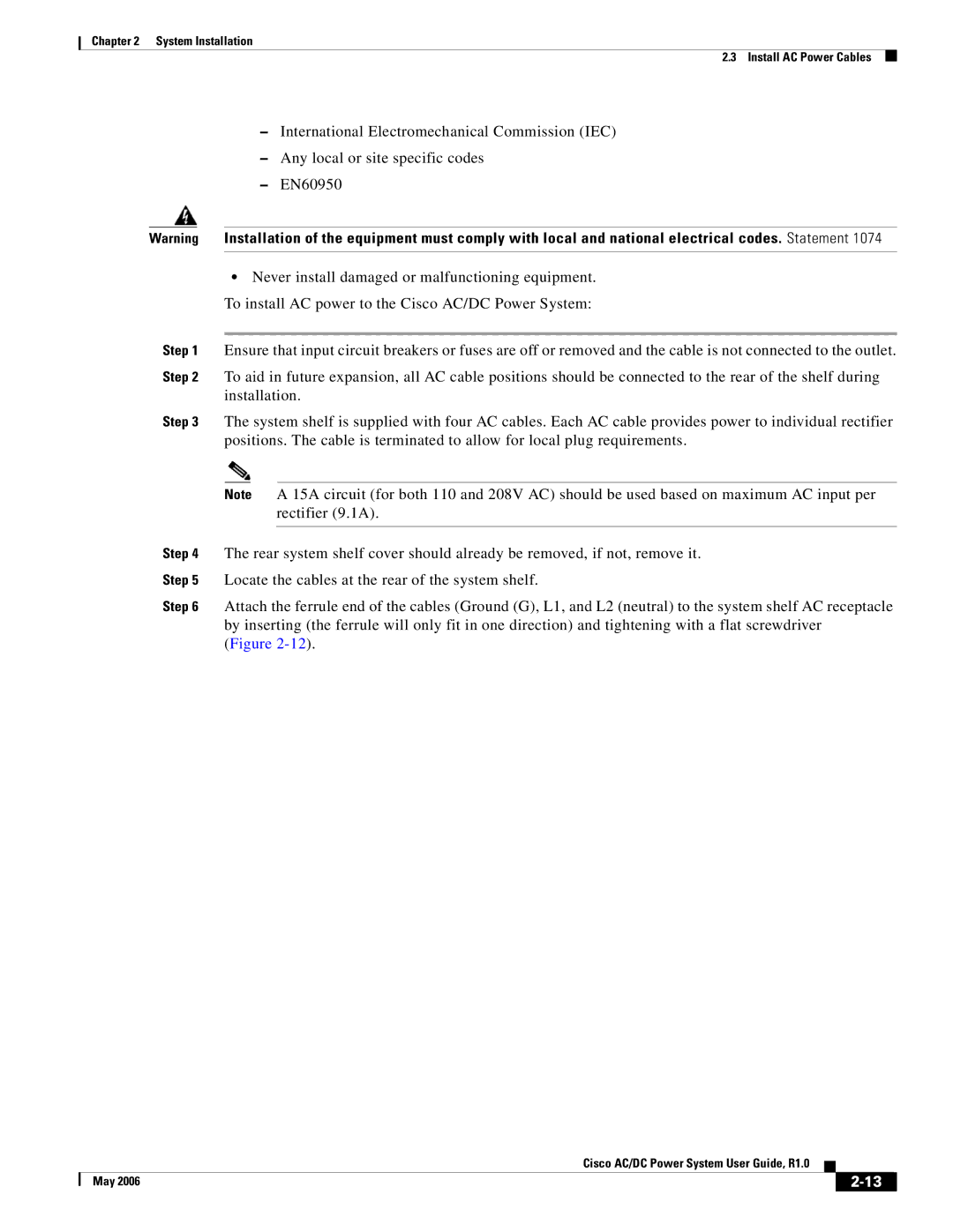 Cisco Systems 159330, 124792, 124778 manual System Installation Install AC Power Cables 