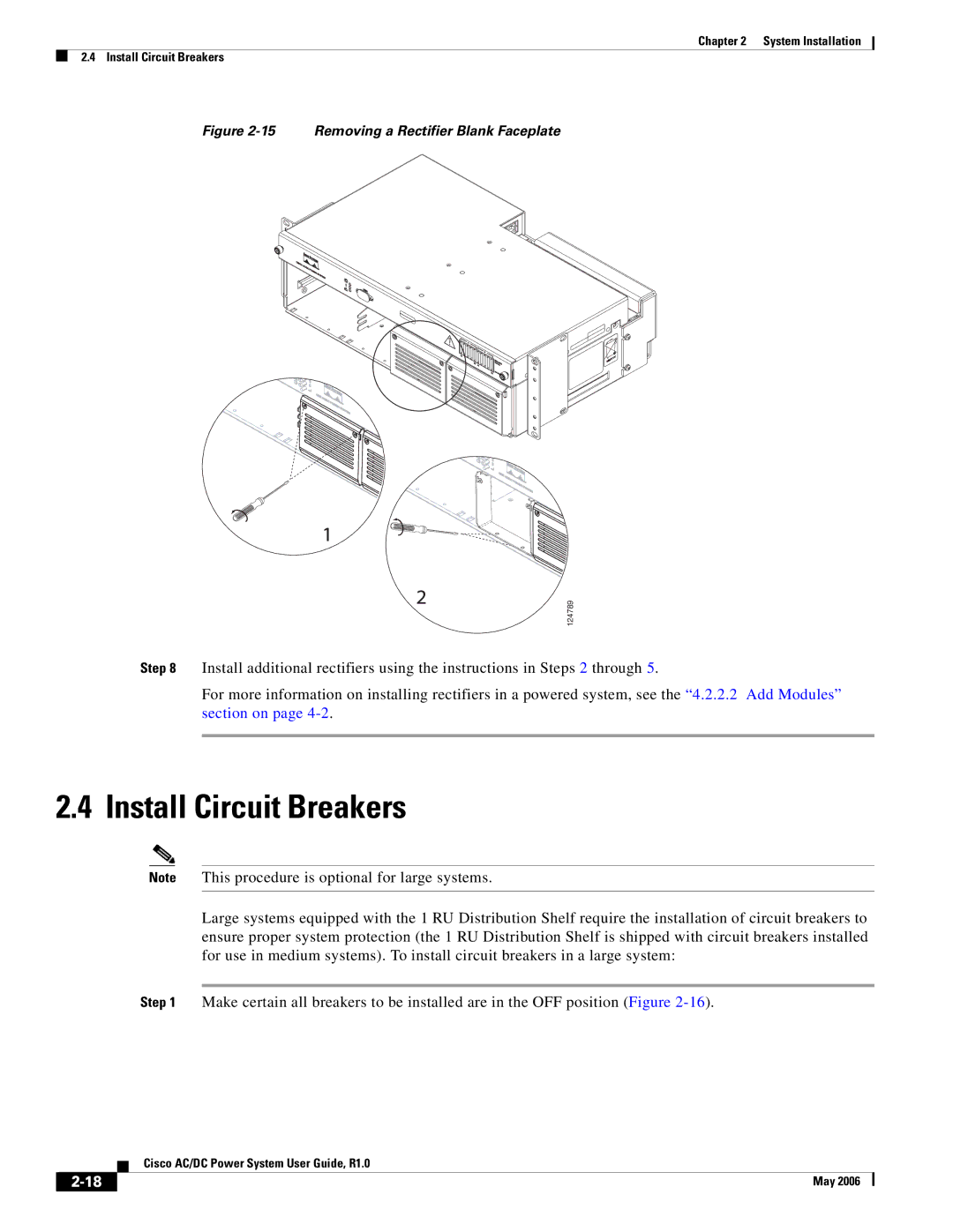 Cisco Systems 124778, 124792, 159330 manual Install Circuit Breakers, Removing a Rectifier Blank Faceplate 