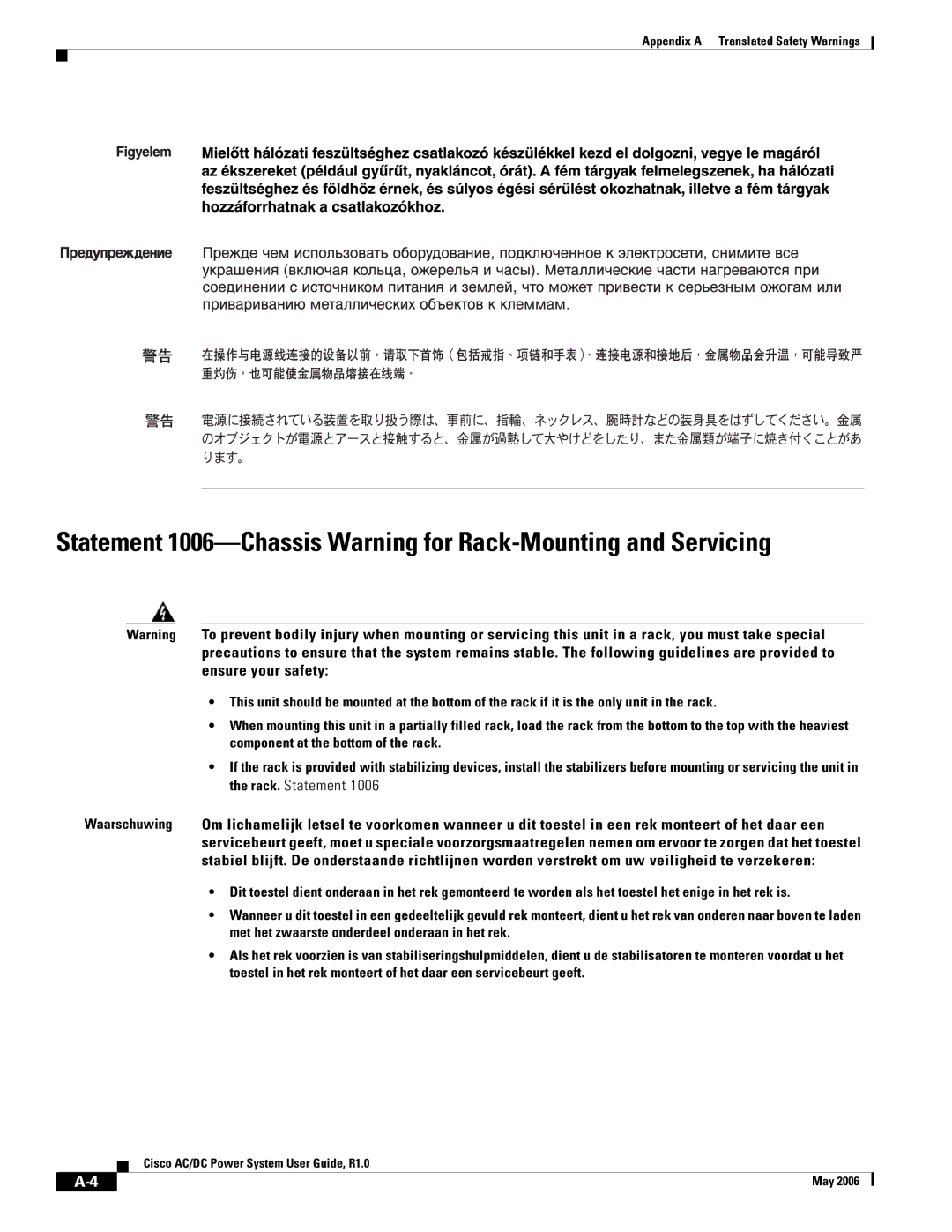 Cisco Systems 124778, 124792, 159330 manual Appendix a Translated Safety Warnings 