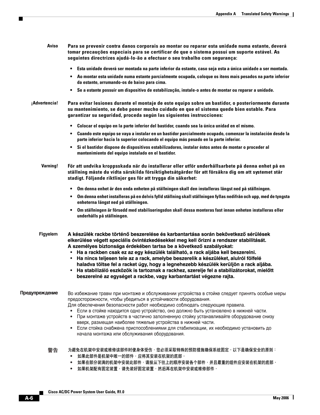 Cisco Systems 124792, 124778, 159330 manual Appendix a Translated Safety Warnings 