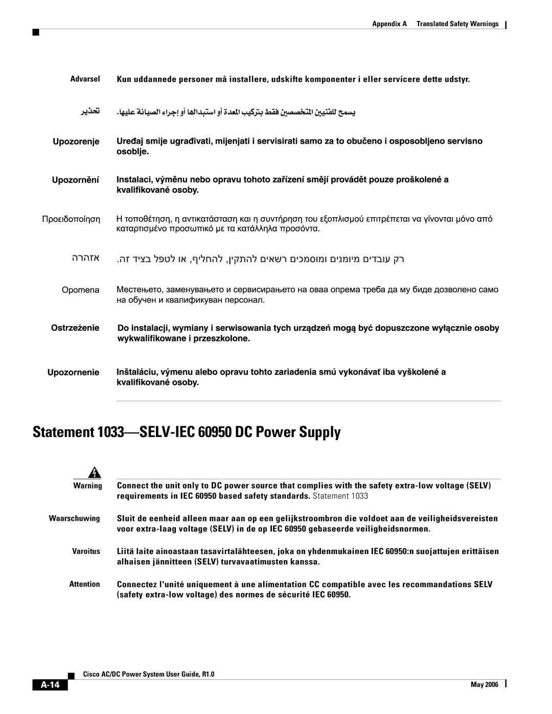 Cisco Systems 159330, 124792, 124778 manual Statement 1033-SELV-IEC 60950 DC Power Supply 