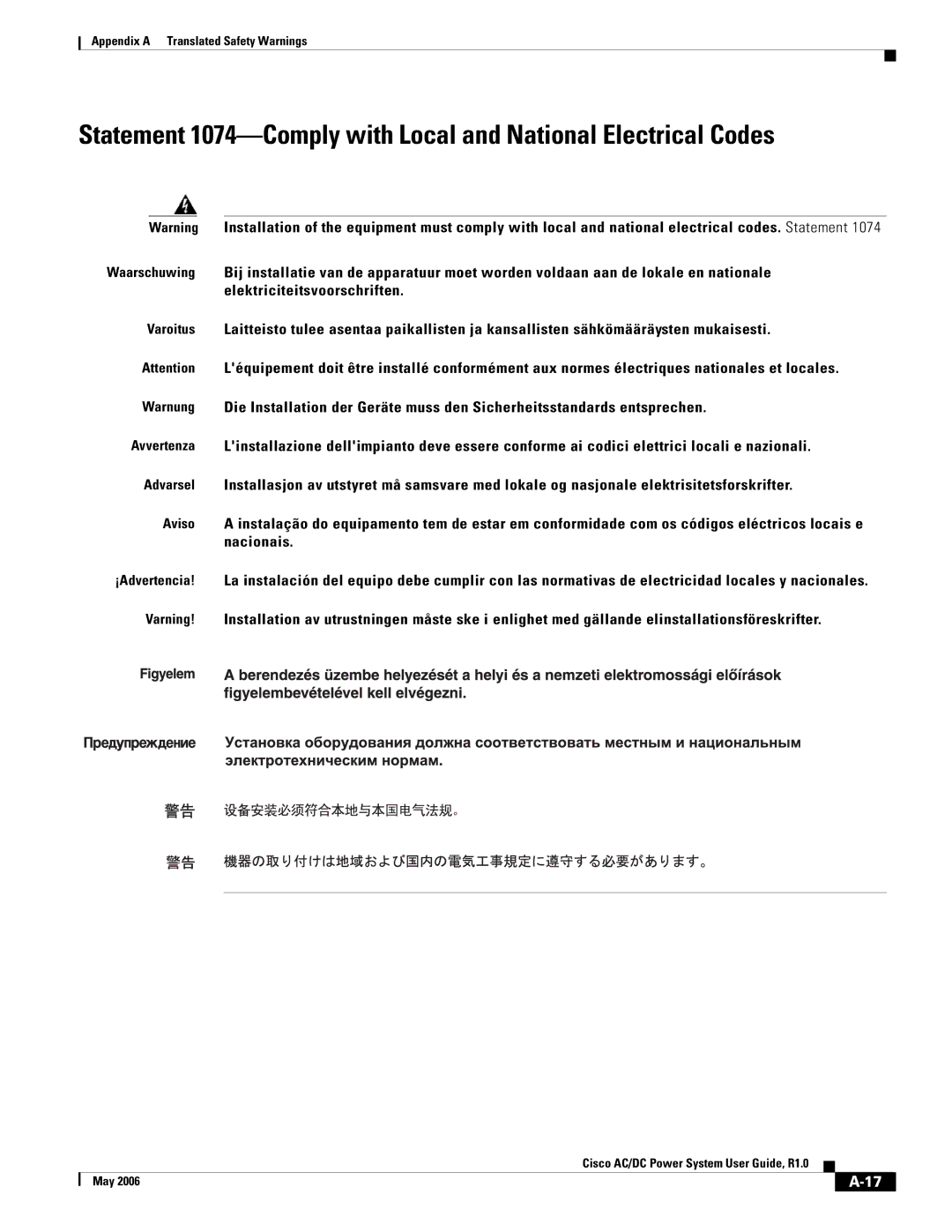 Cisco Systems 159330, 124792, 124778 manual Appendix a Translated Safety Warnings 